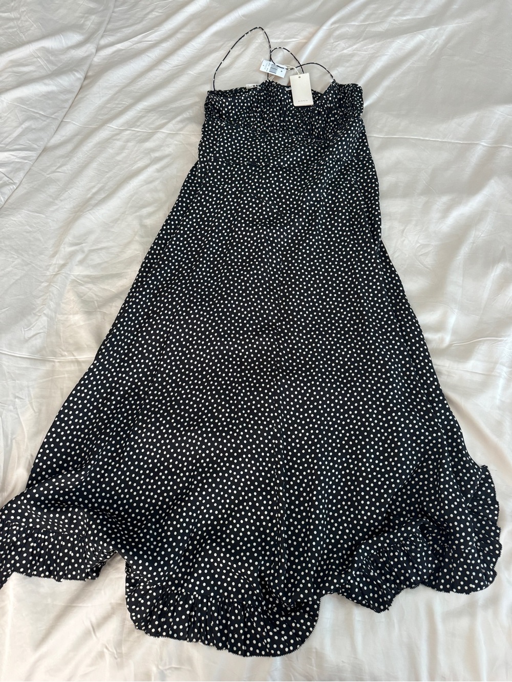 NWT Doen Rosaria Silk Ruched Bust Ruffle Midi Maxi Dress Camille Dot Polka Black - Picture 8 of 13